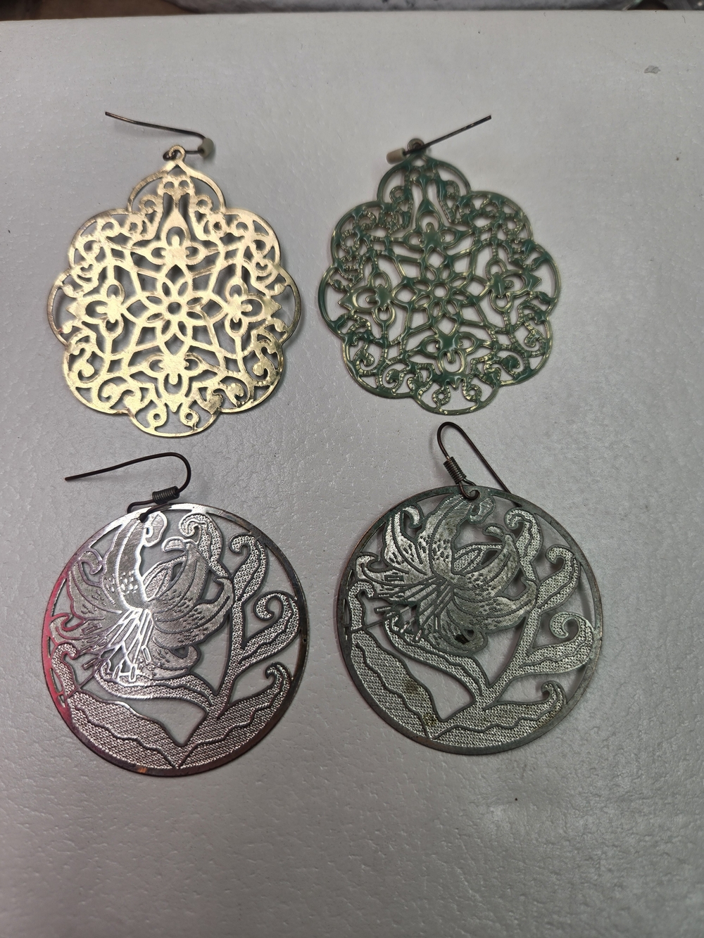 Filigree Floral Drop Earrings - Gold, Green, Silver - Women Jewelry